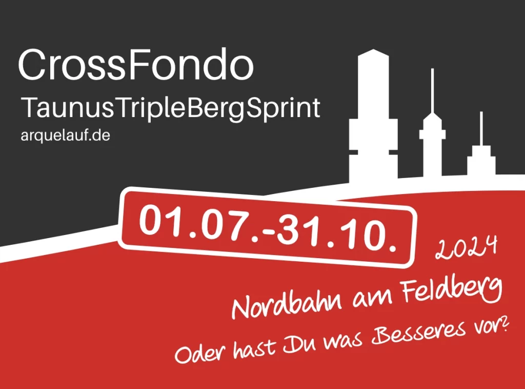 Logo CrossFondo TaunusTripleBergSprint ein roter Bogen und Feld unten, darüber ein graues Feld und in weiß die drei Türme auf dem Feldberg.